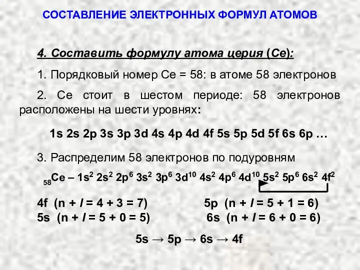 СОСТАВЛЕНИЕ ЭЛЕКТРОННЫХ ФОРМУЛ АТОМОВ 4. Составить формулу атома церия (Се): 1.