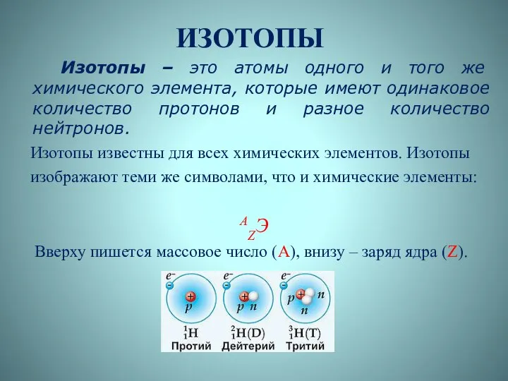 ИЗОТОПЫ Изотопы – это атомы одного и того же химического элемента,