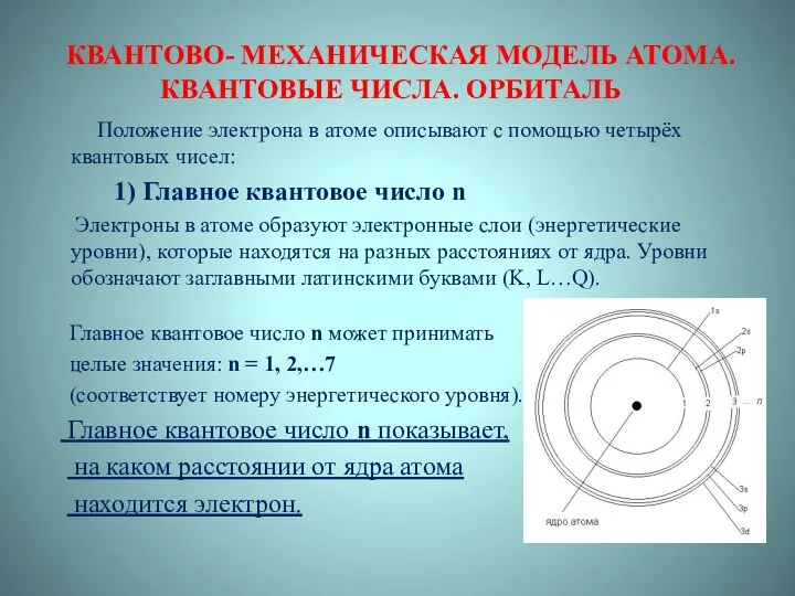 КВАНТОВО- МЕХАНИЧЕСКАЯ МОДЕЛЬ АТОМА. КВАНТОВЫЕ ЧИСЛА. ОРБИТАЛЬ Положение электрона в атоме