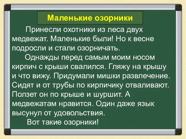 Маленькие озорники Принесли охотники из леса двух медвежат. Маленькие были! Но