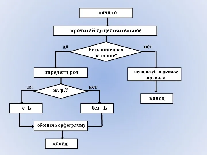 начало прочитай существительное Есть шипящая на конце? да нет обозначь орфограмму