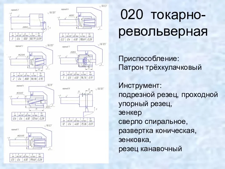 020 токарно-револьверная Приспособление: Патрон трёхкулачковый Инструмент: подрезной резец, проходной упорный резец,