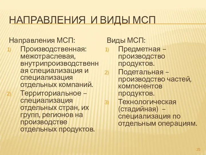 НАПРАВЛЕНИЯ И ВИДЫ МСП Направления МСП: Производственная: межотраслевая, внутрипроизводственная специализация и