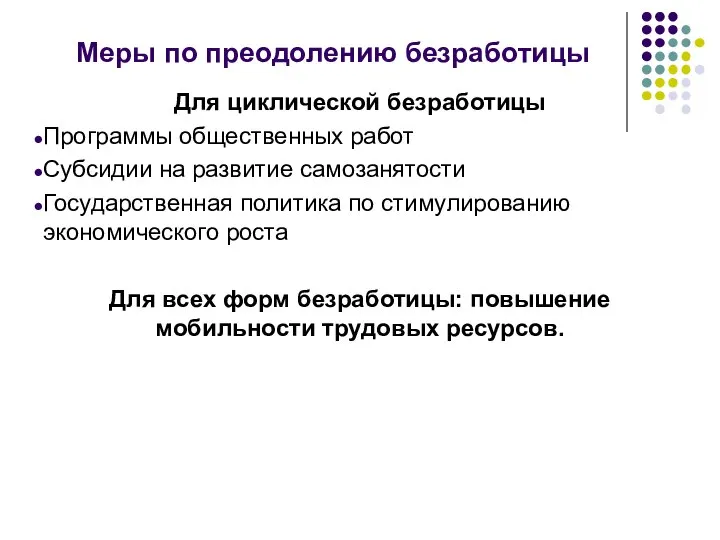 Меры по преодолению безработицы Для циклической безработицы Программы общественных работ Субсидии