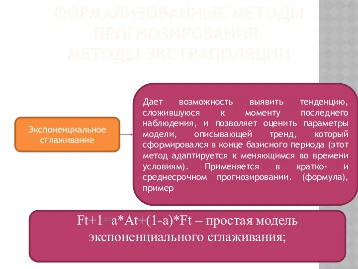 ФОРМАЛИЗОВАННЫЕ МЕТОДЫ ПРОГНОЗИРОВАНИЯ. МЕТОДЫ ЭКСТРАПОЛЯЦИИ Экспоненциальное сглаживание Дает возможность выявить тенденцию,