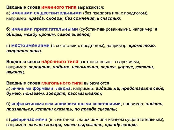 Вводные слова именного типа выражаются: а) именами существительными (без предлога или