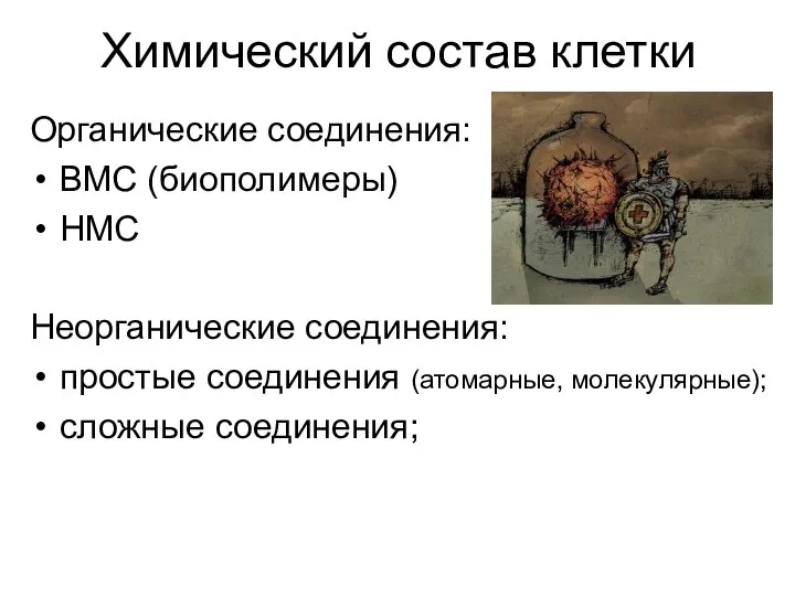 Химический состав клетки Органические соединения: ВМС (биополимеры) НМС Неорганические соединения: простые соединения (атомарные, молекулярные); сложные соединения;