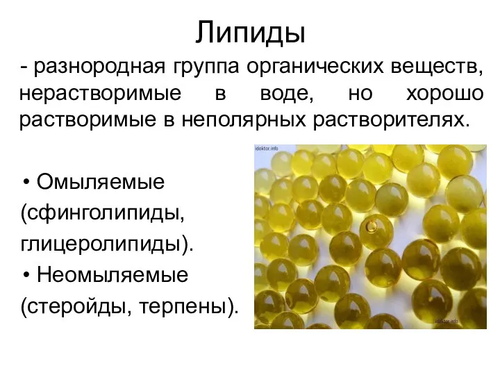 Липиды - разнородная группа органических веществ, нерастворимые в воде, но хорошо