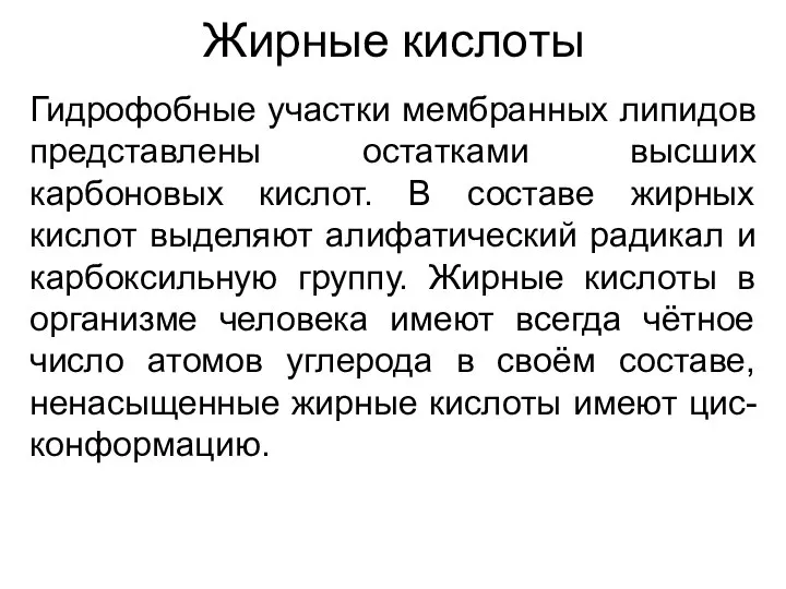 Жирные кислоты Гидрофобные участки мембранных липидов представлены остатками высших карбоновых кислот.