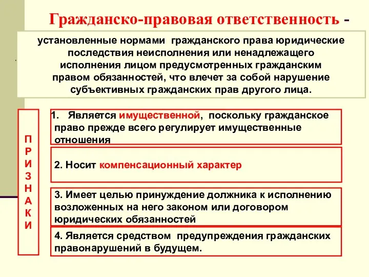 Гражданско-правовая ответственность - установленные нормами гражданского права юридические последствия неисполнения или