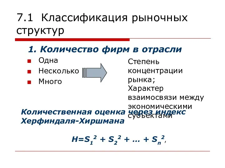 7.1 Классификация рыночных структур 1. Количество фирм в отрасли Одна Несколько