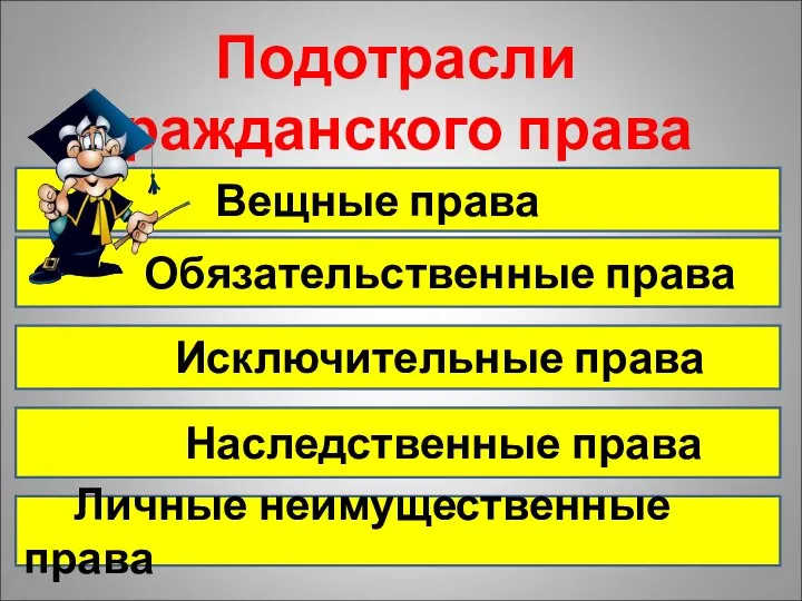 Подотрасли гражданского права Вещные права Обязательственные права Исключительные права Наследственные права Личные неимущественные права