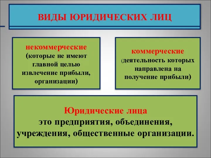 ВИДЫ ЮРИДИЧЕСКИХ ЛИЦ некоммерческие (которые не имеют главной целью извлечение прибыли,