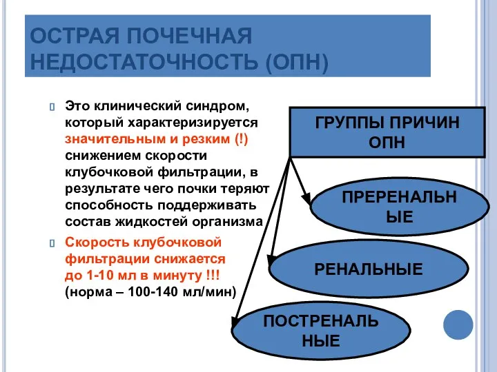 ОСТРАЯ ПОЧЕЧНАЯ НЕДОСТАТОЧНОСТЬ (ОПН) Это клинический синдром, который характеризируется значительным и