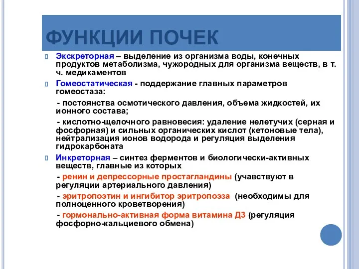 ФУНКЦИИ ПОЧЕК Экскреторная – выделение из организма воды, конечных продуктов метаболизма,