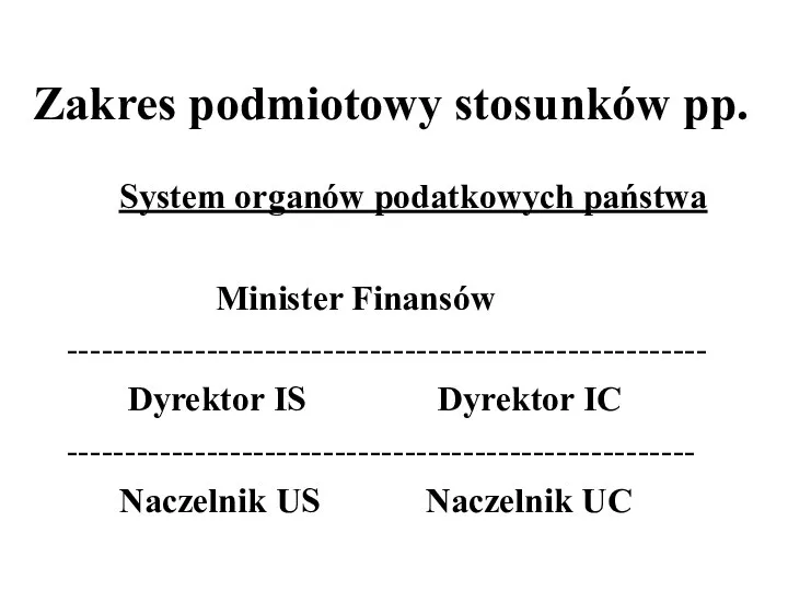 Zakres podmiotowy stosunków pp. System organów podatkowych państwa Minister Finansów -------------------------------------------------------