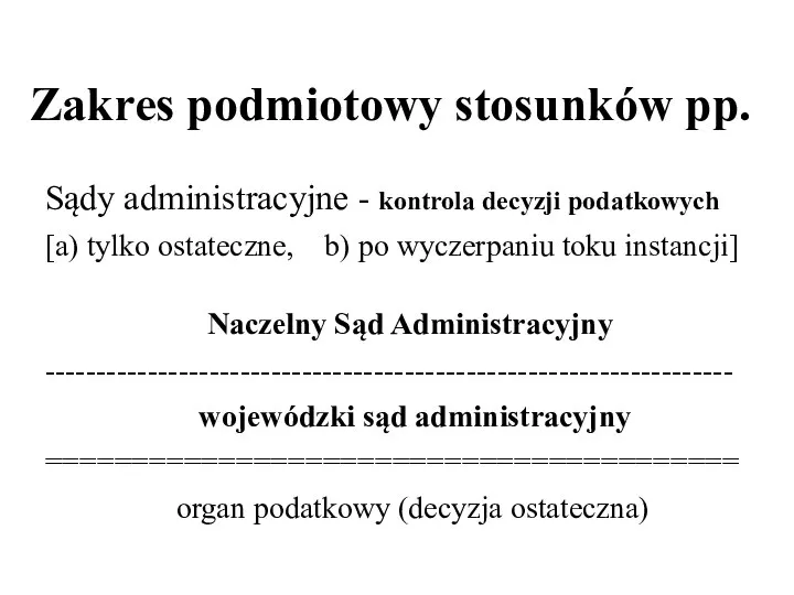 Zakres podmiotowy stosunków pp. Sądy administracyjne - kontrola decyzji podatkowych [a)