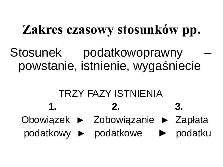 Zakres czasowy stosunków pp. Stosunek podatkowoprawny – powstanie, istnienie, wygaśniecie TRZY