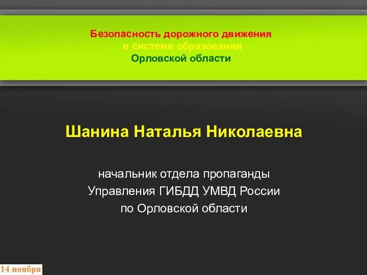 Безопасность дорожного движения в системе образования Орловской области Шанина Наталья Николаевна