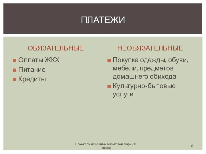 ОБЯЗАТЕЛЬНЫЕ Оплаты ЖКХ Питание Кредиты НЕОБЯЗАТЕЛЬНЫЕ Покупка одежды, обуви, мебели, предметов