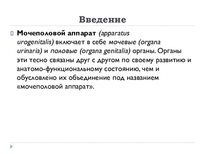 Введение Мочеполовой аппарат (apparatus urogenitalis) включает в себе мочевые (organa urinaria)