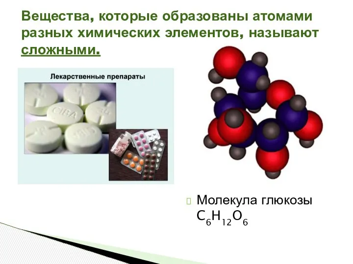 Вещества, которые образованы атомами разных химических элементов, называют сложными. Молекула глюкозы C6H12O6