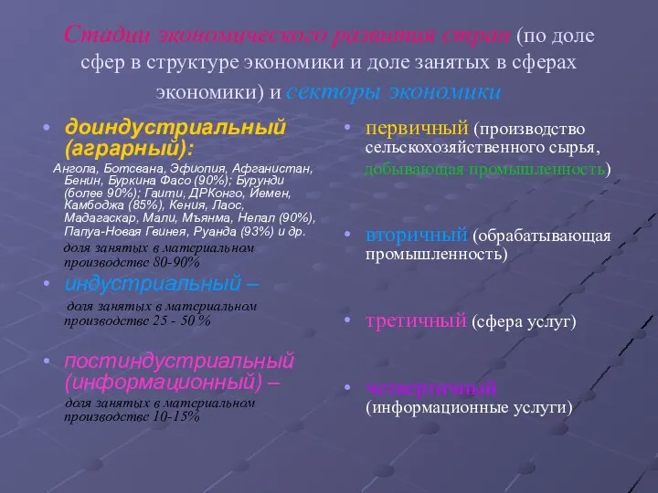 Стадии экономического развития стран (по доле сфер в структуре экономики и