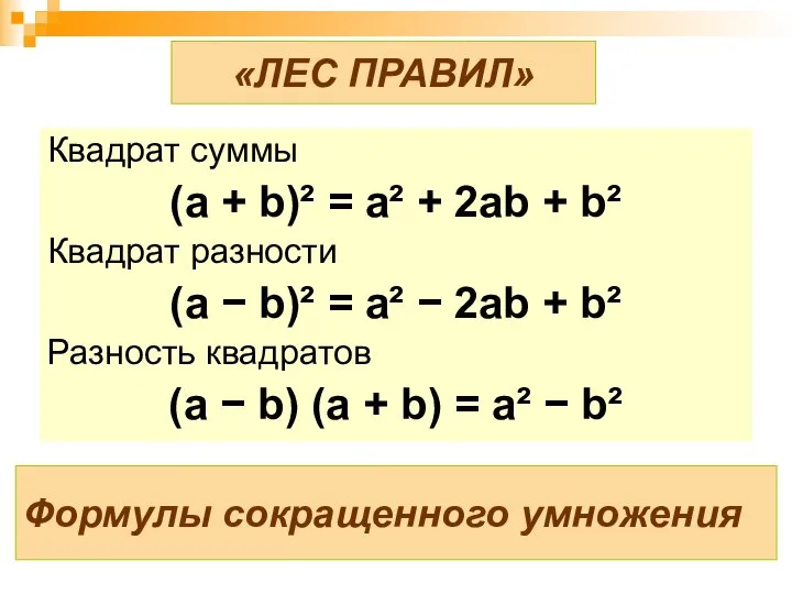 Формулы сокращенного умножения Квадрат суммы (а + b)² = a² +