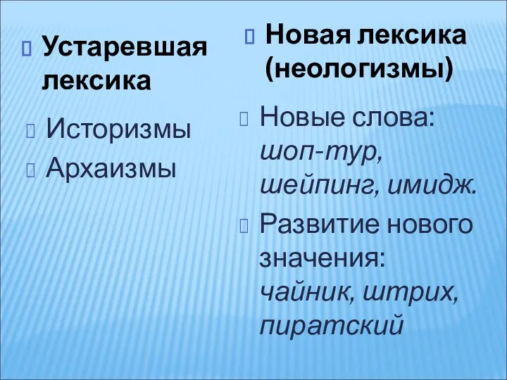 Устаревшая лексика Историзмы Архаизмы Новая лексика (неологизмы) Новые слова: шоп-тур, шейпинг,