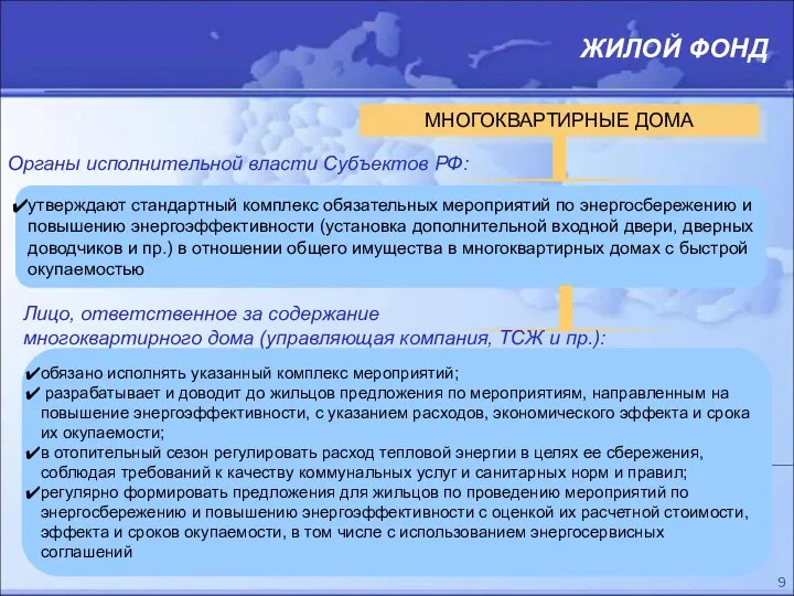 ЖИЛОЙ ФОНД МНОГОКВАРТИРНЫЕ ДОМА обязано исполнять указанный комплекс мероприятий; разрабатывает и