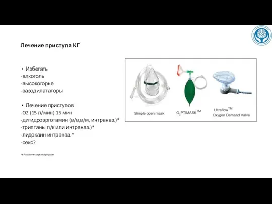 Лечение приступа КГ Избегать -алкоголь -высокогорье -вазодилататоры Лечение приступов -O2 (15