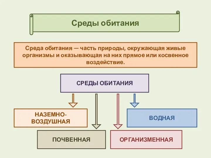 Среды обитания Среда обитания — часть природы, окружающая живые организмы и