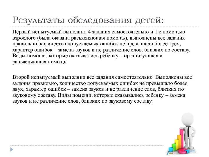 Результаты обследования детей: Первый испытуемый выполнил 4 задания самостоятельно и 1