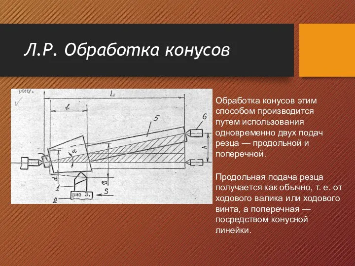 Л.Р. Обработка конусов Обработка конусов этим способом производится путем использования одновременно