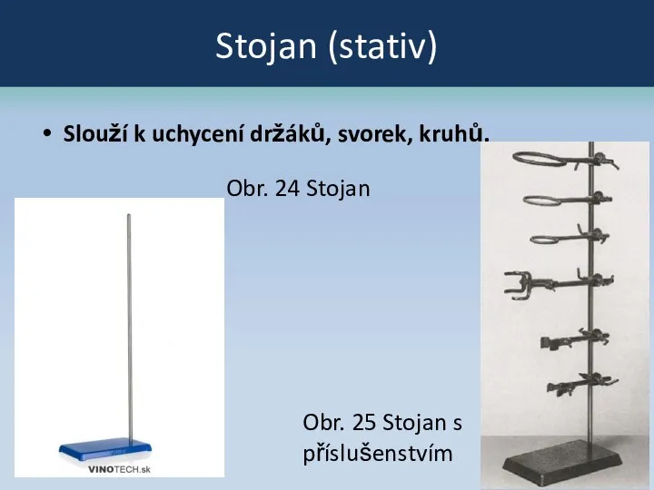 Stojan (stativ) Slouží k uchycení držáků, svorek, kruhů. Obr. 24 Stojan Obr. 25 Stojan s příslušenstvím