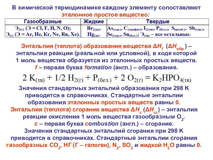 В химической термодинамике каждому элементу сопоставляют эталонное простое вещество: Значения стандартных