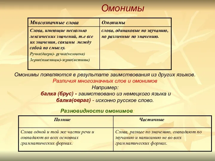 Омонимы Разновидности омонимов: Омонимы появляются в результате заимствования из других языков.