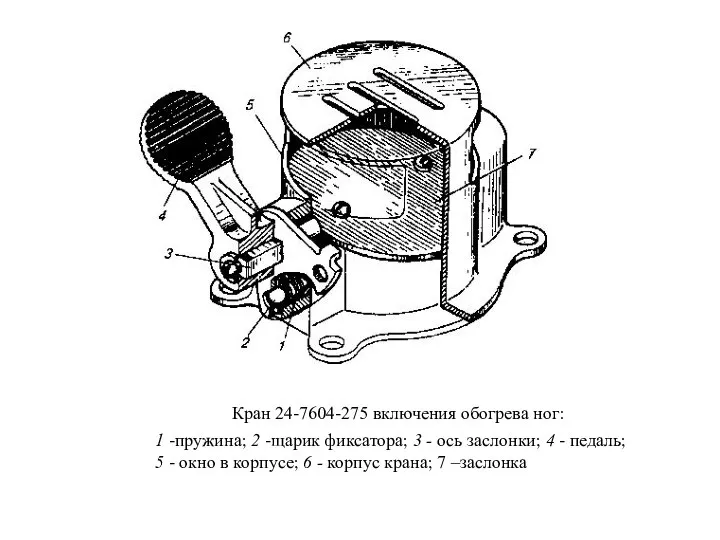 Кран 24-7604-275 включения обогрева ног: 1 -пружина; 2 -щарик фиксатора; 3