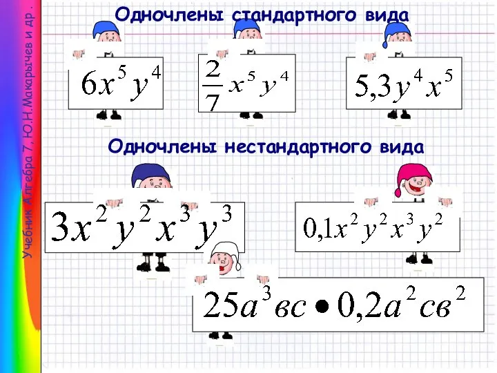 Учебник Алгебра 7, Ю.Н.Макарычев и др . Одночлены стандартного вида Одночлены нестандартного вида