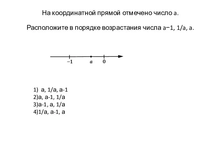 На координатной прямой отмечено число a. Расположите в порядке возрастания числа