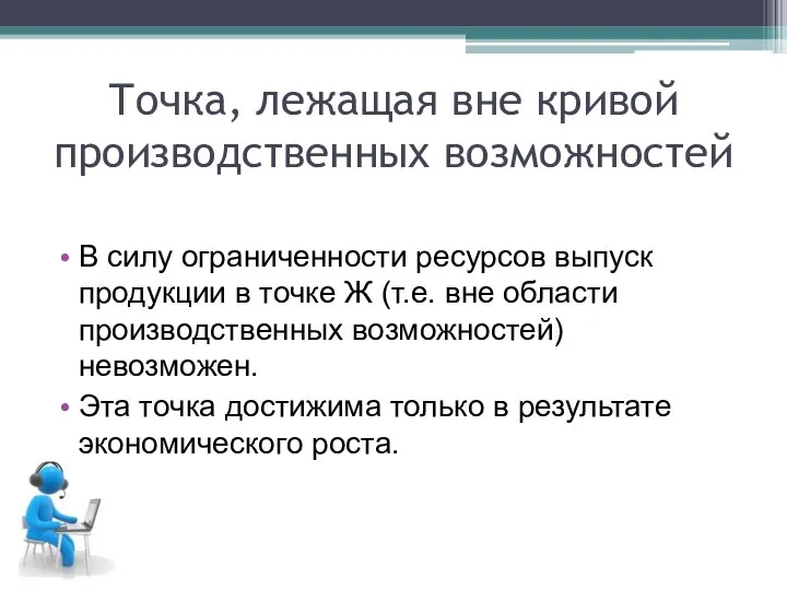 Точка, лежащая вне кривой производственных возможностей В силу ограниченности ресурсов выпуск