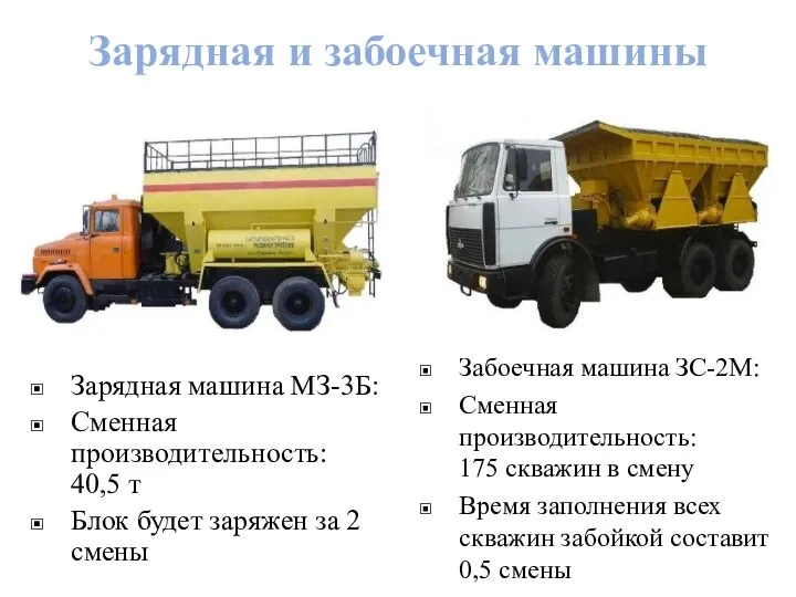 Зарядная и забоечная машины Зарядная машина МЗ-3Б: Сменная производительность: 40,5 т