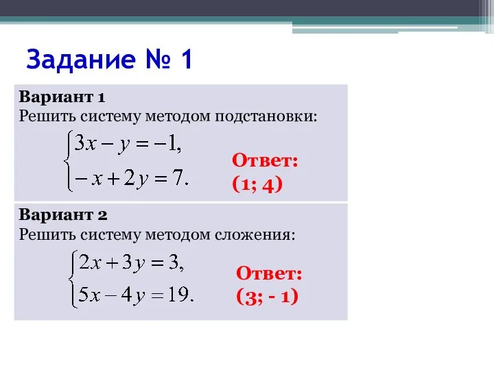 Задание № 1 Ответ: (1; 4) Ответ: (3; - 1)