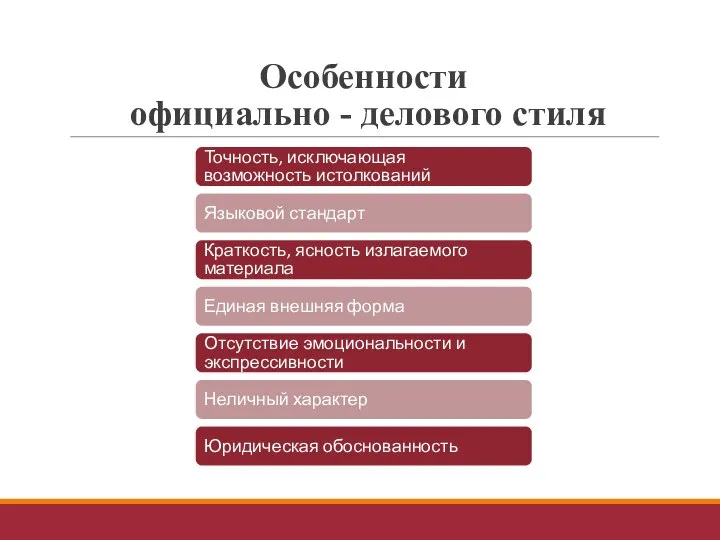 Особенности официально - делового стиля Точность, исключающая возможность истолкований Языковой стандарт