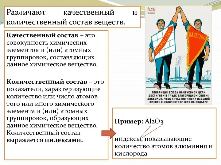 Пример: Al2O3 индексы, показывающие количество атомов алюминия и кислорода Качественный состав