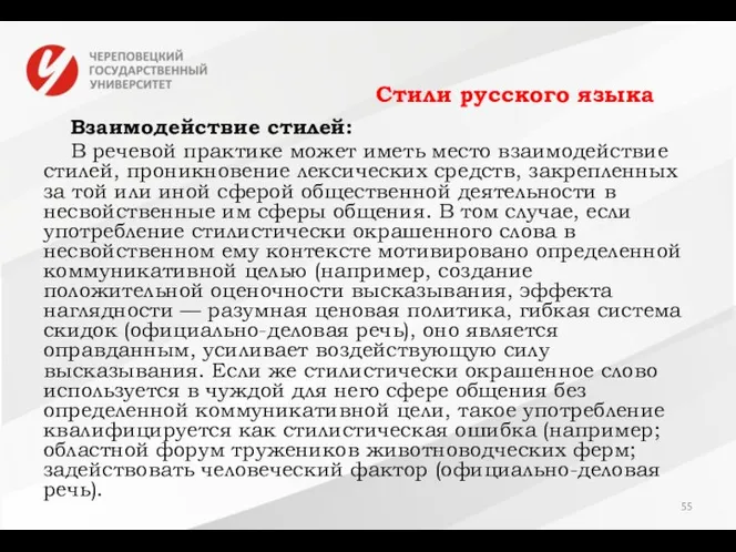 Стили русского языка Взаимодействие стилей: В речевой практике может иметь место