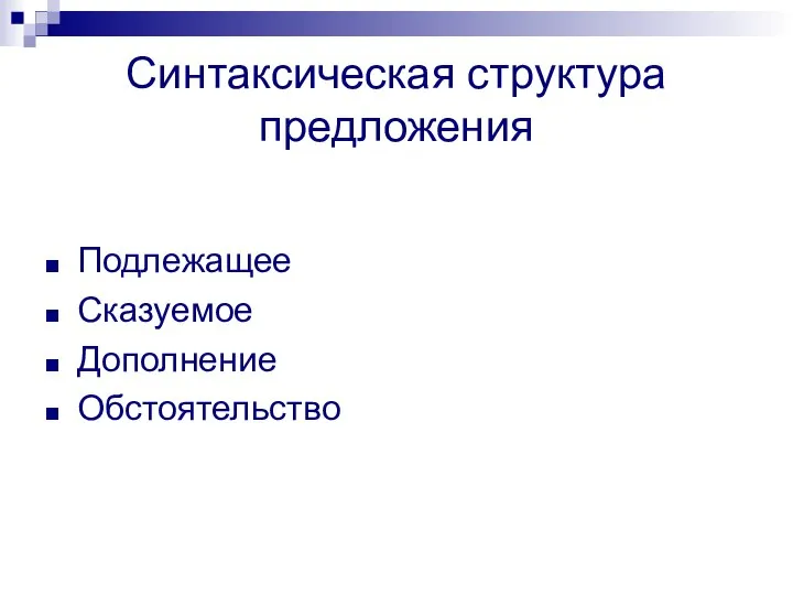 Синтаксическая структура предложения Подлежащее Сказуемое Дополнение Обстоятельство