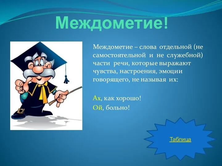 Междометие! Междометие – слова отдельной (не самостоятельной и не служебной) части