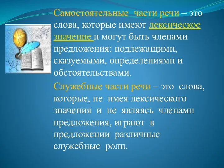 Самостоятельные части речи – это слова, которые имеют лексическое значение и