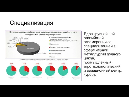 Специализация Ядро крупнейшей российской агломерации со специализацией в сфере чёрной металлургии